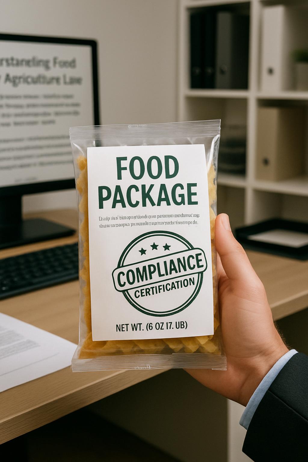Understanding Food in Agriculture Law. Indeterminate text in the background. Image of a person holding a package of food l...