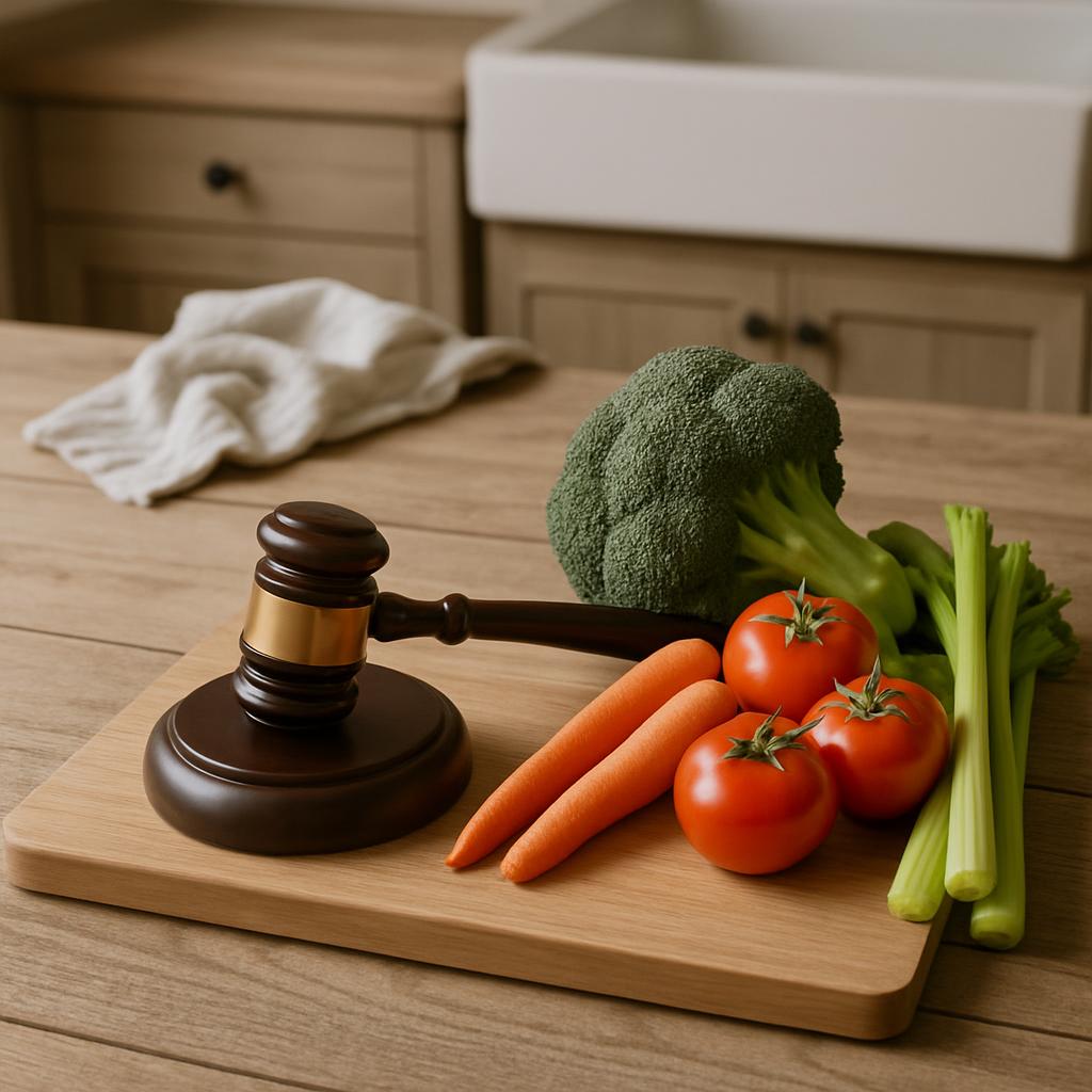 A wooden cutting board with vegetables and a judge's gavel, featuring tomatoes, carrots, celery, and broccoli.