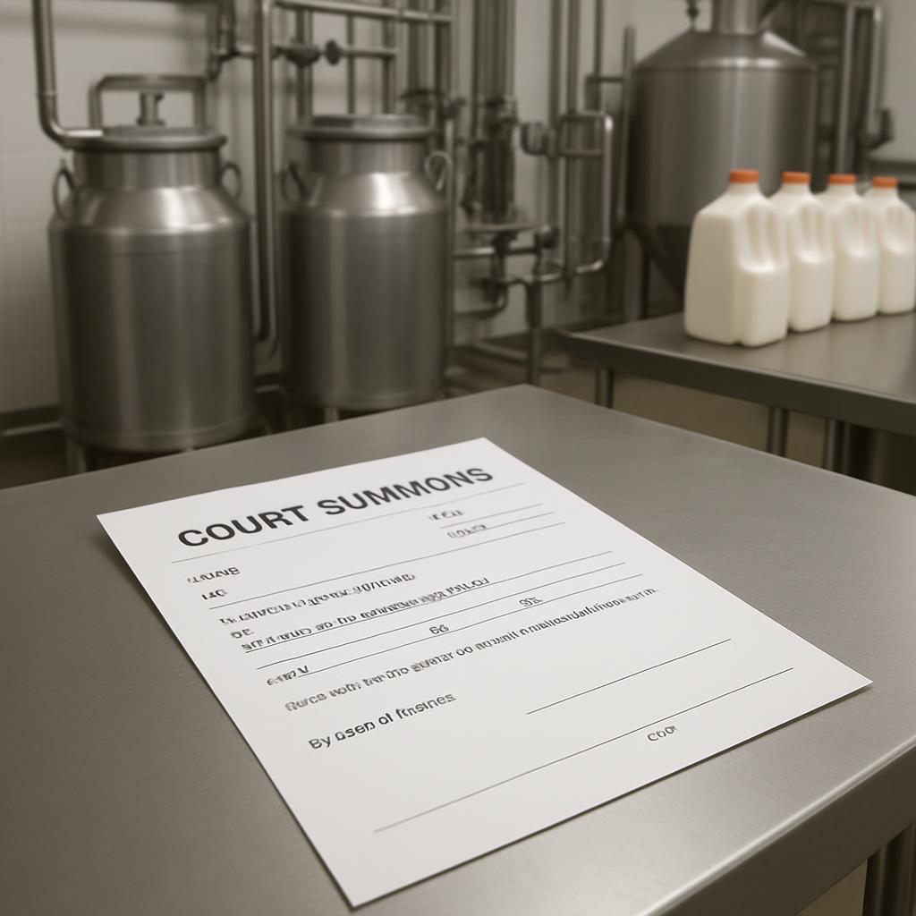 Digital rendering of a court summons paper placed on a workshop counter.