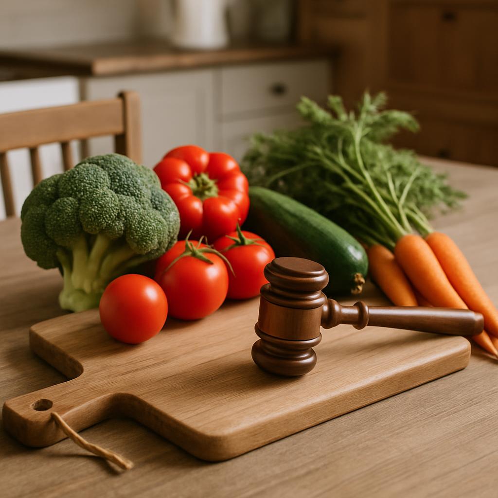A pile of vegetables including broccoli, tomatoes, carrots, zucchini, and a roasting pepper, sit on a wooden cutting board...